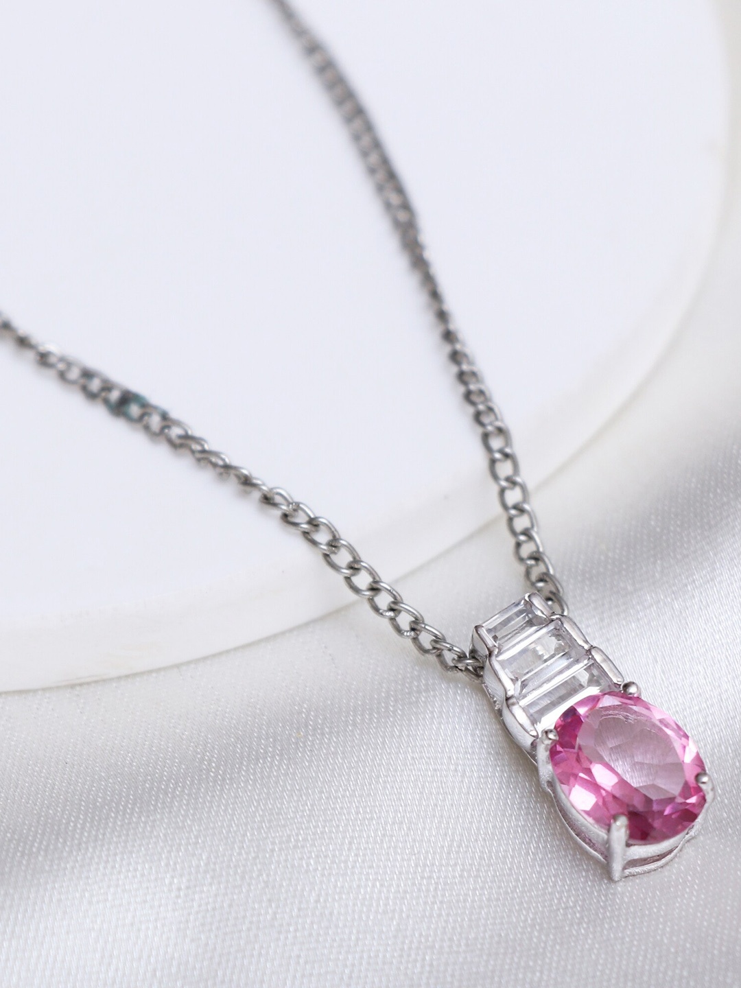 

HIFLYER JEWELS 92.5 Sterling Topaz-Stone Studded Oval Pendant with Link Chain, Pink