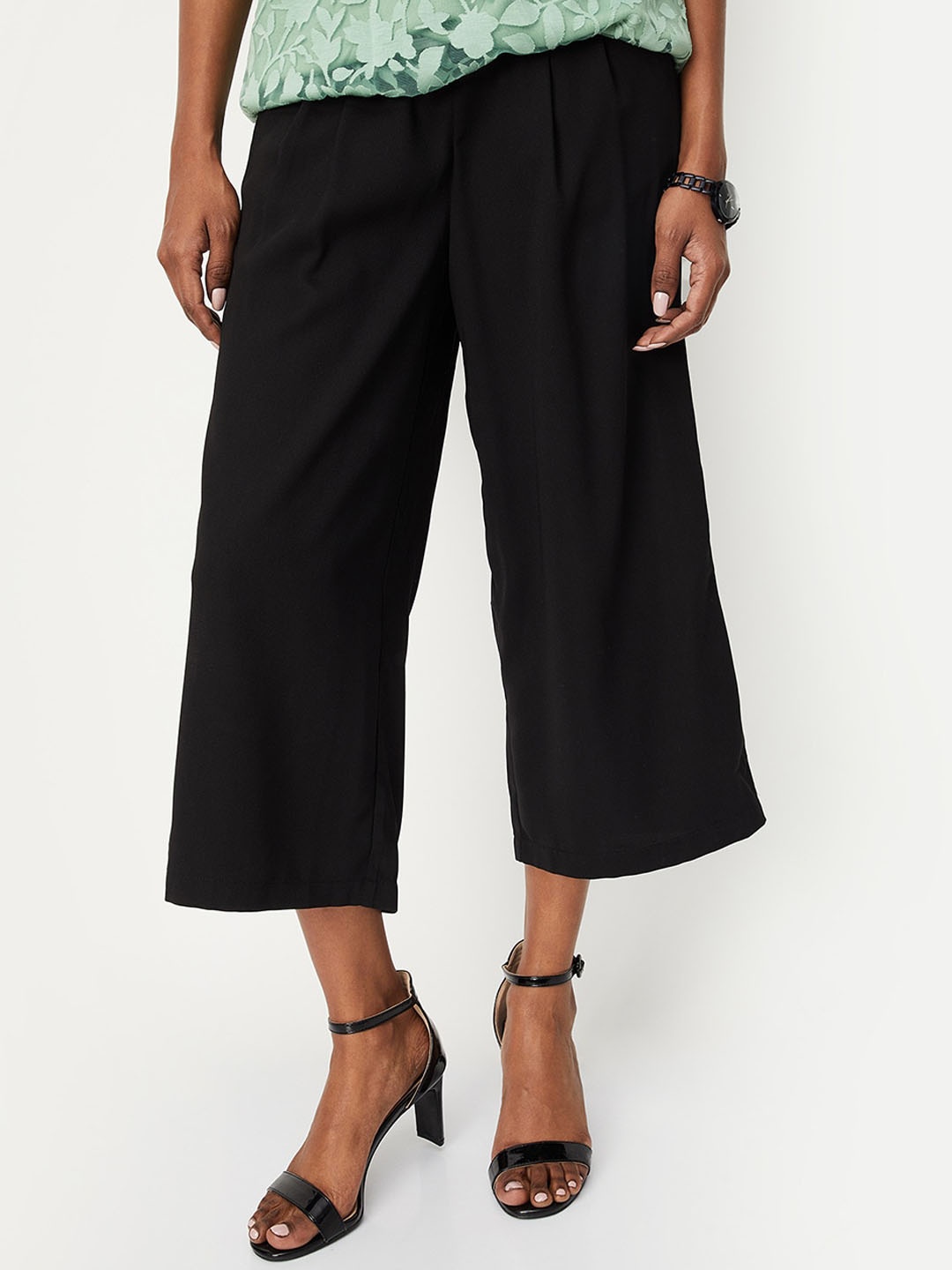 

max Women Pleated Culottes Trousers, Black