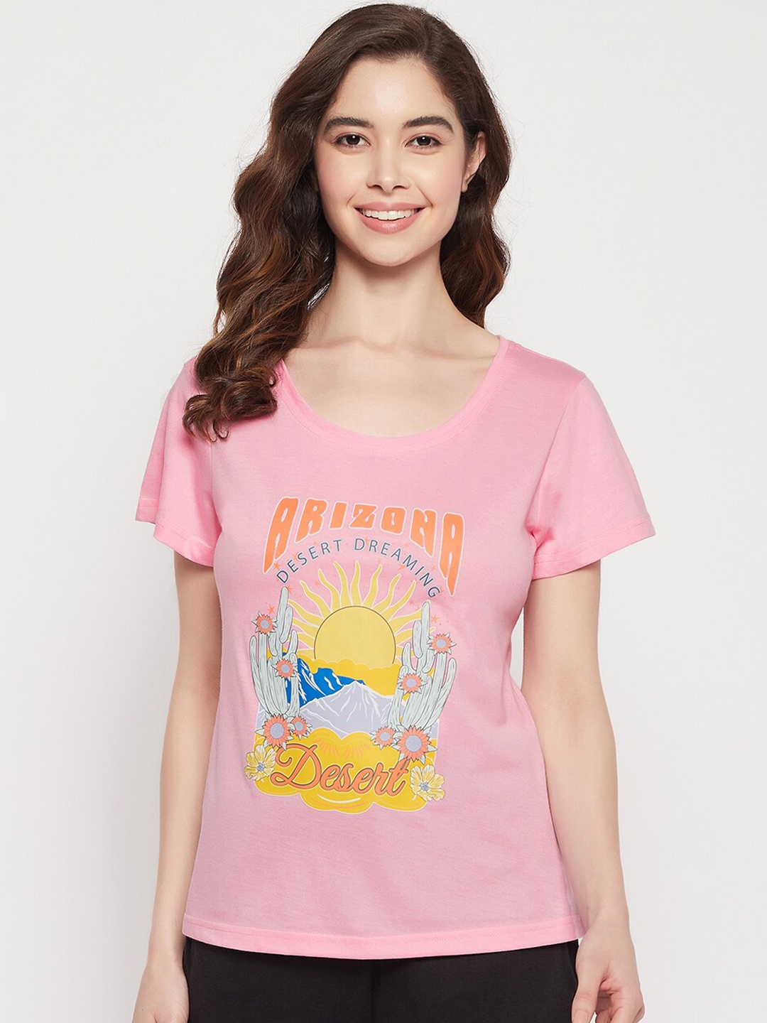 

Clovia Pure Cotton Graphic & Text Print Lounge T-shirt, Pink