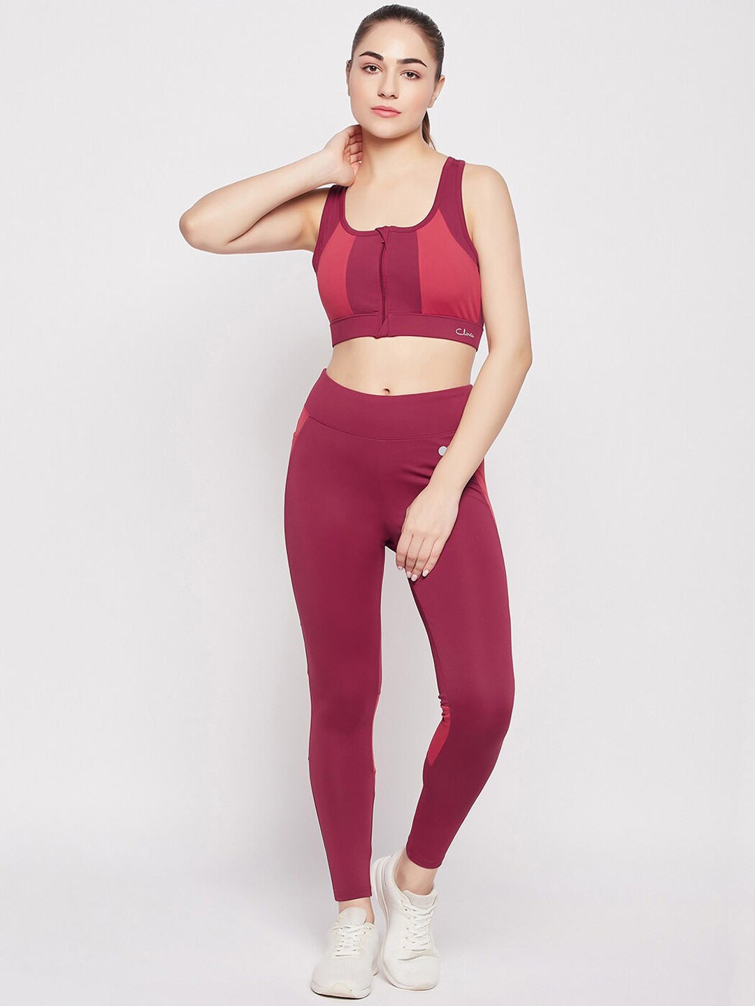 

Clovia Women Sports Bra with Front Zipper & Tights Set Tracksuits, Purple