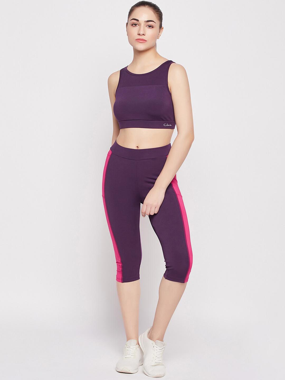 

Clovia Women Mid Rise Padded Sports Bra & Tights Set Tracksuit, Purple