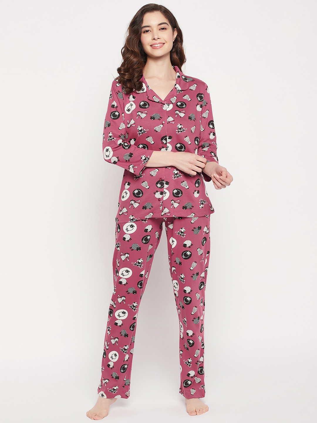 

Clovia Women 2 Pieces Printed Cotton Night Suit, Purple