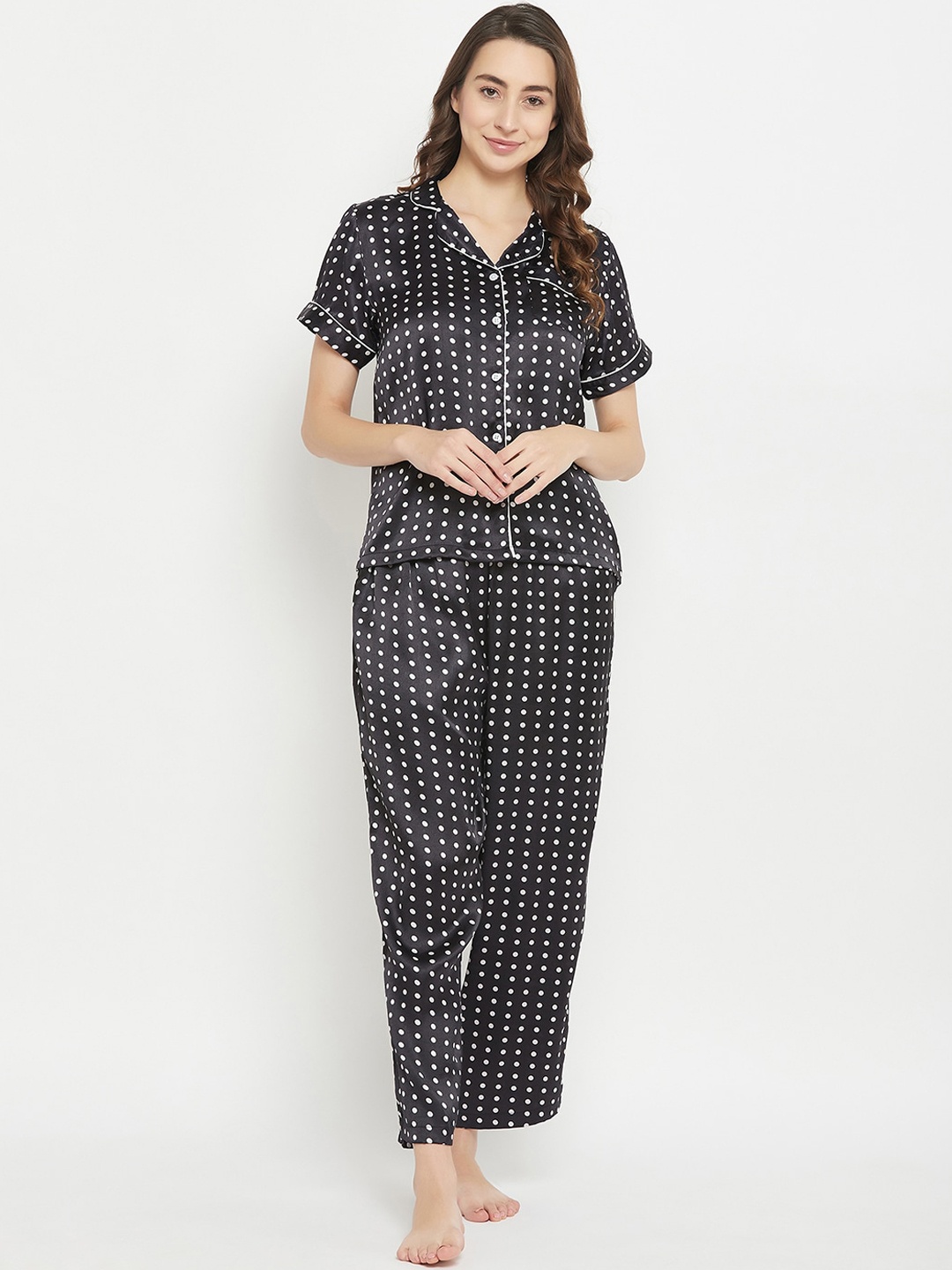 

Clovia Women Polka Dots Printed Satin Night suit, Black