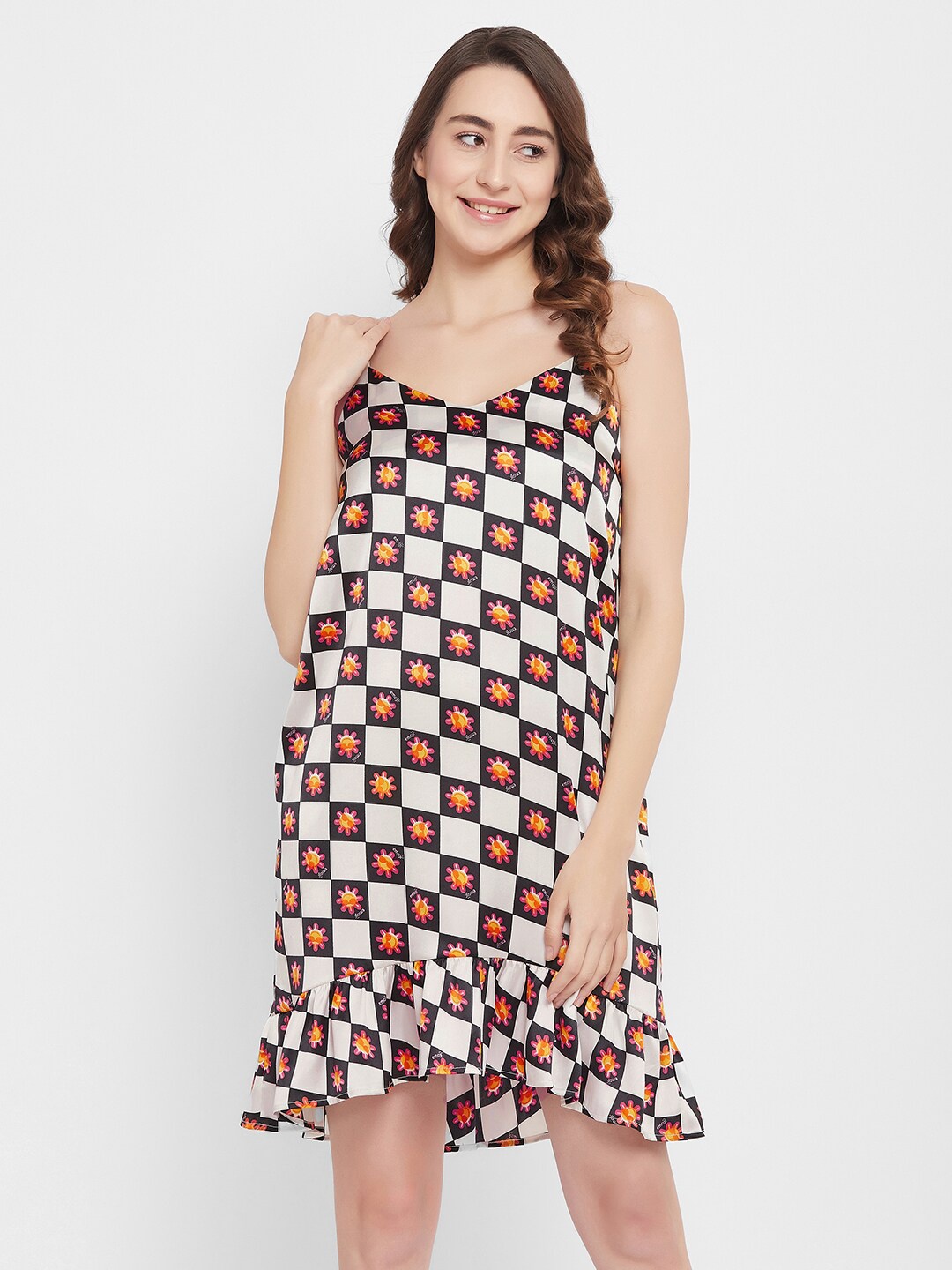 

Clovia Checked & Floral Print Satin Short Nightdress, White