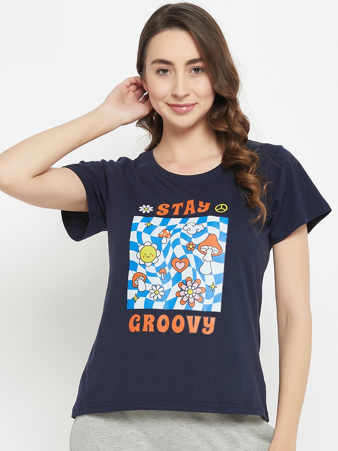 

Clovia Graphic & Text Print T-shirts, Blue