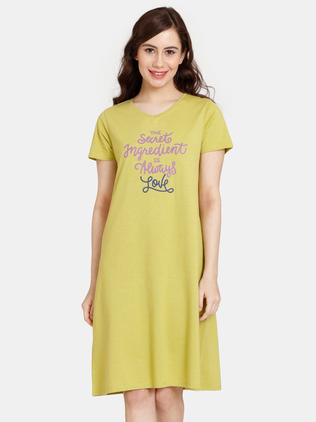 

Rosaline by Zivame Typography Printed T-Shirt Nightdress, Green