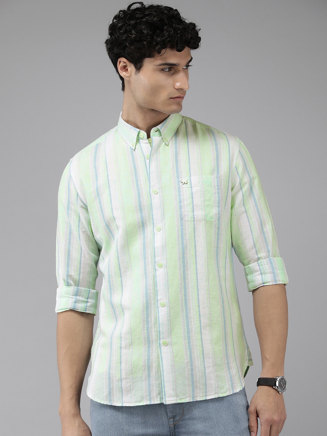 

THE BEAR HOUSE Slim Fit Striped Casual Shirt, Green