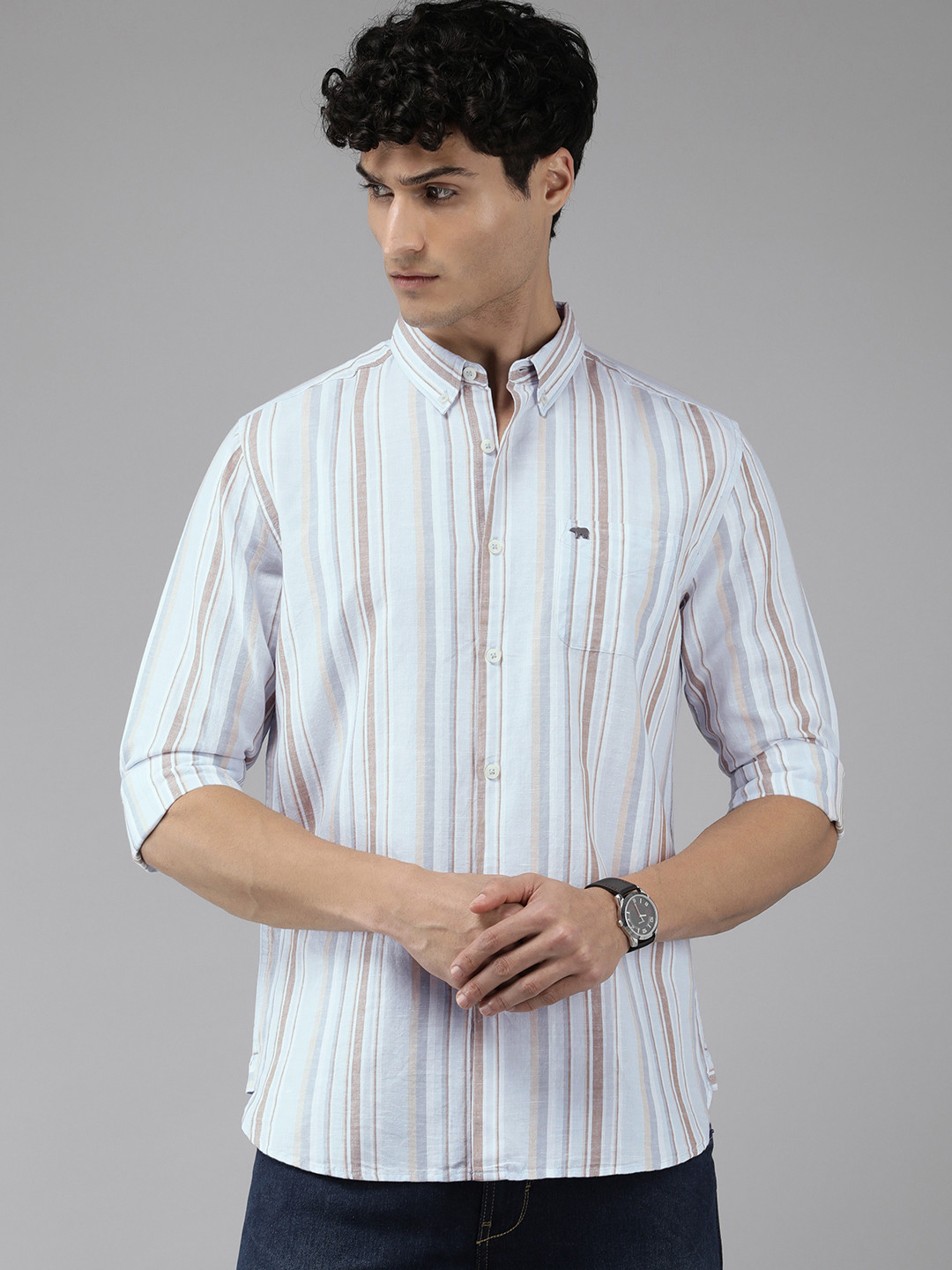 

THE BEAR HOUSE Slim Fit Striped Casual Shirt, Blue