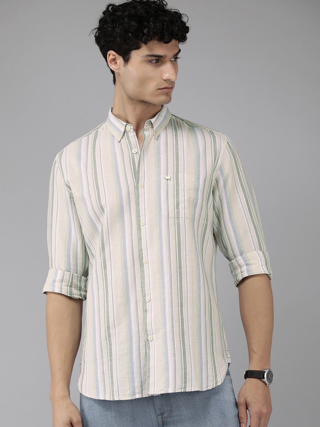 

THE BEAR HOUSE Slim Fit Striped Casual Shirt, Beige
