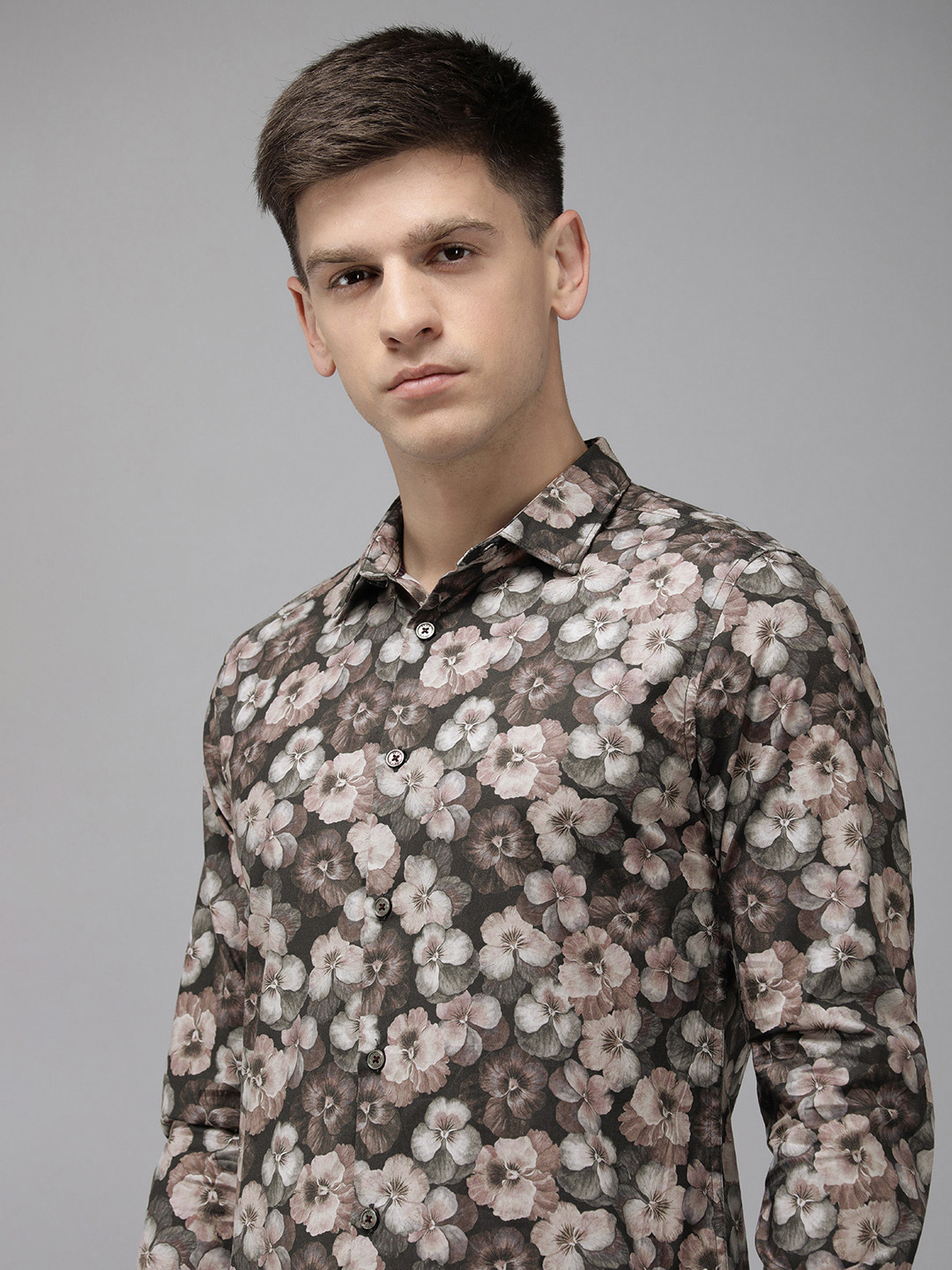 

THE BEAR HOUSE Ardor Edition Slim Fit Floral Printed Opaque Party Shirt, Brown
