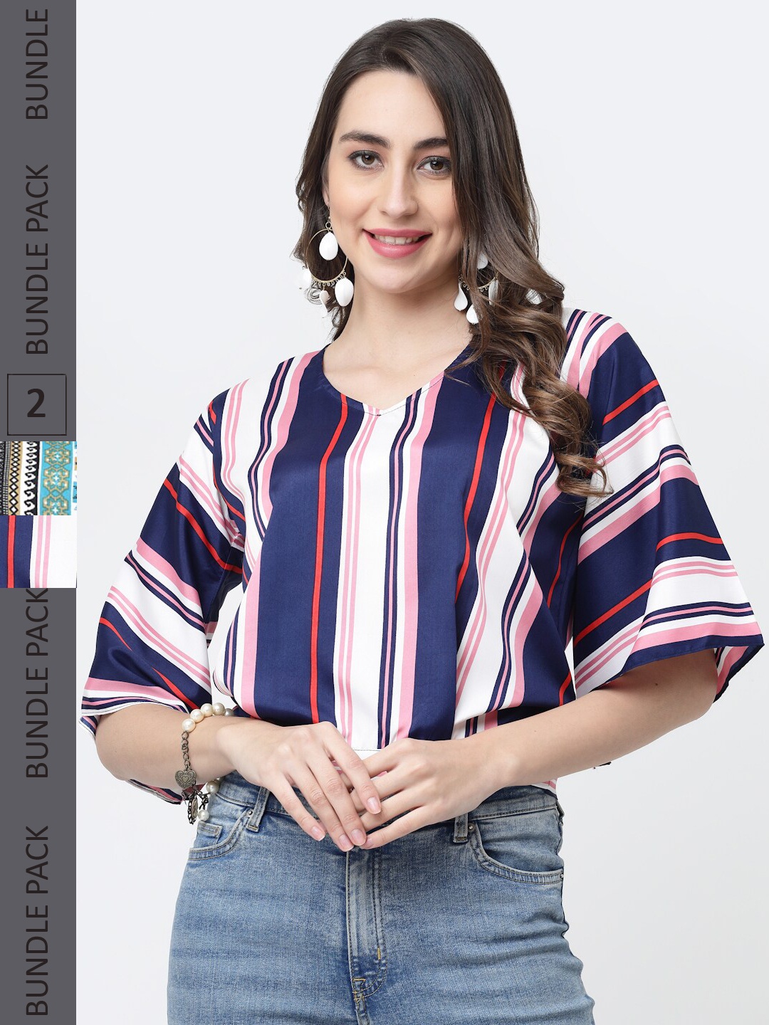 

MISS AYSE Pack of 2 Striped Crepe Top, Blue