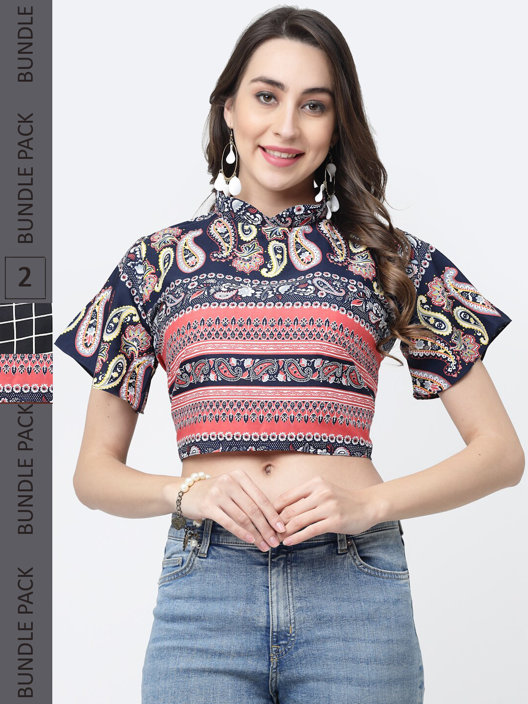 

MISS AYSE Pack of 2Ethnic Motifs Printed Crepe Top, Navy blue