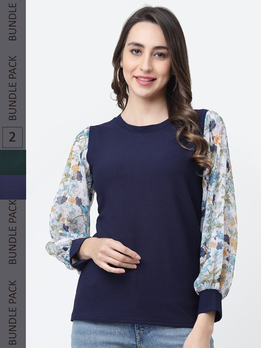 

MISS AYSE Pack of 2 Floral Print Cotton Top, Navy blue