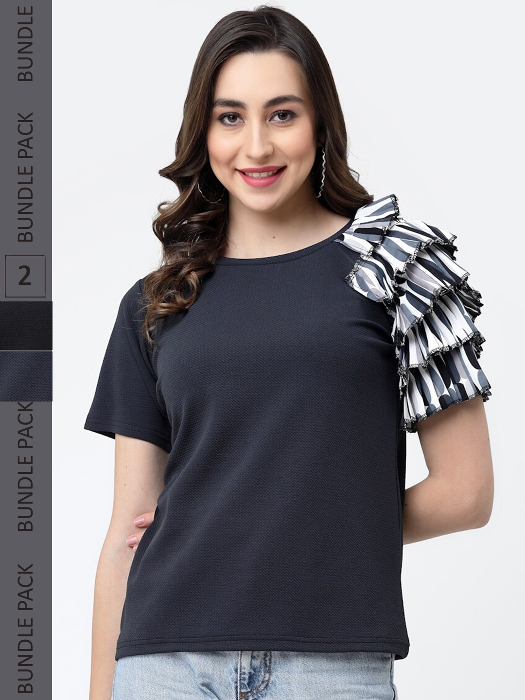 

MISS AYSE Pack of 2 Round Neck Ruffled Cotton Top, Black