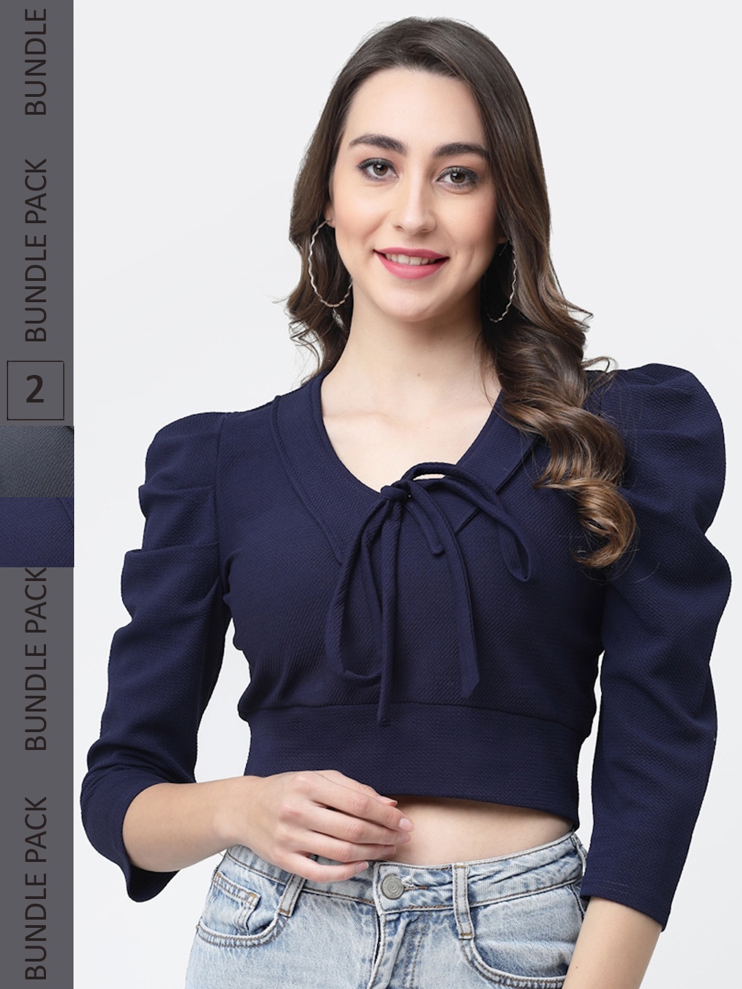 

MISS AYSE Pack of 2 Tie-Up Neck Crop Cotton Top, Navy blue