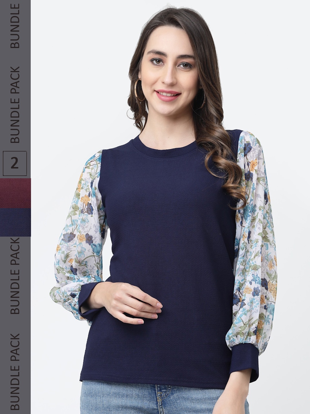 

MISS AYSE Pack of 2 Floral Print Top, Navy blue