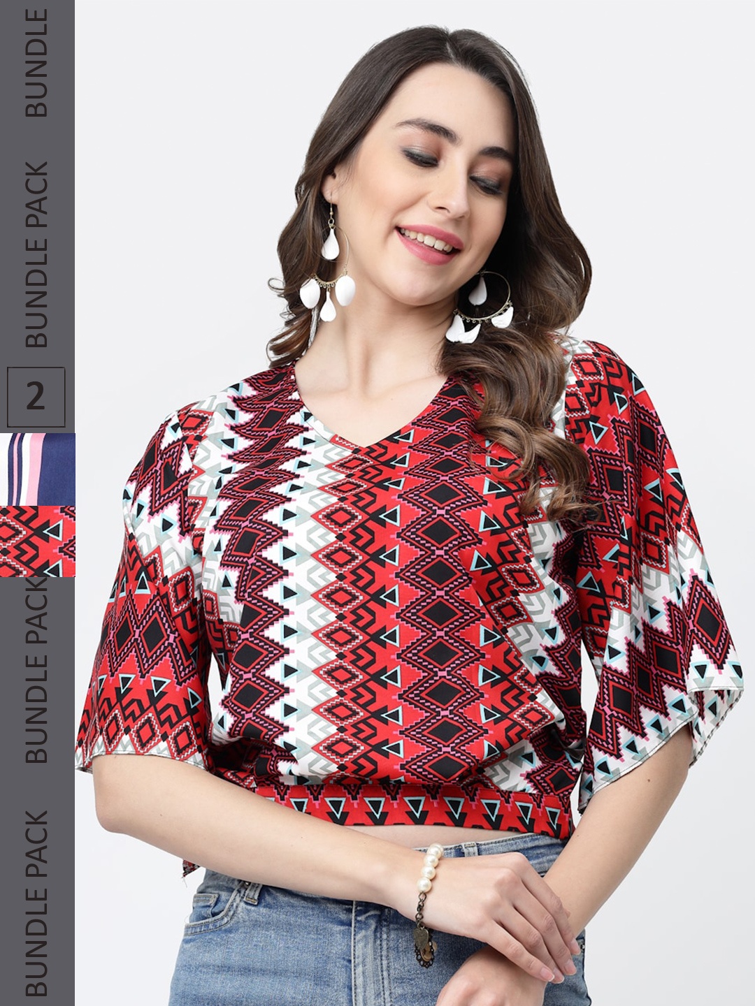 

MISS AYSE Pack of 2 Geometric Print Extended Sleeves Crepe Blouson Crop Top, Red