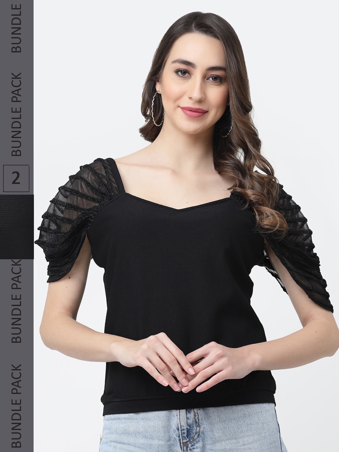 

MISS AYSE Pack of 2 Sweetheart Neck Cotton Top, Black
