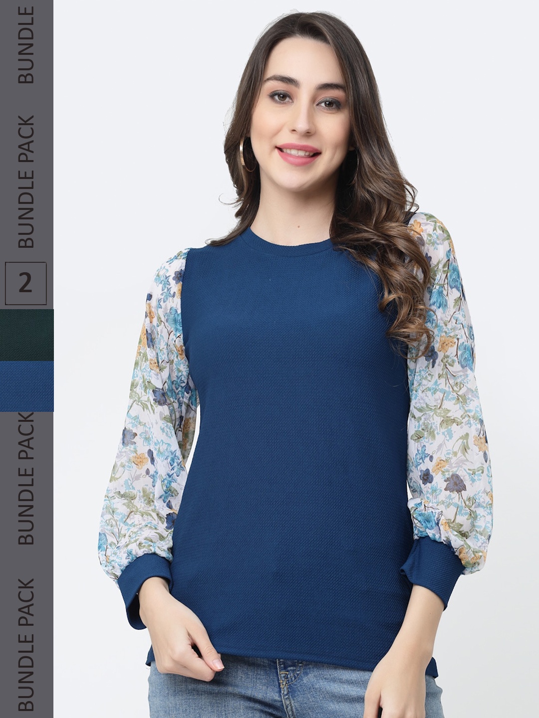 

MISS AYSE Pack of 2 Floral Print Cotton Top, Teal