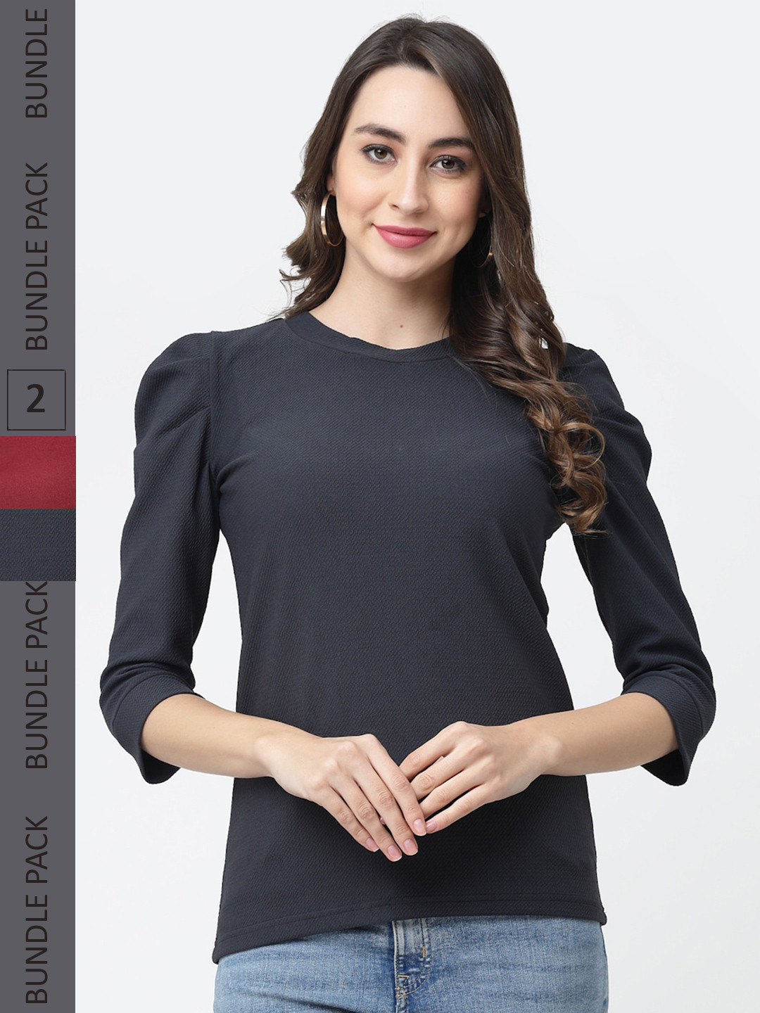 

MISS AYSE Pack of 2 Puff Sleeve Regular Cotton Top, Grey melange