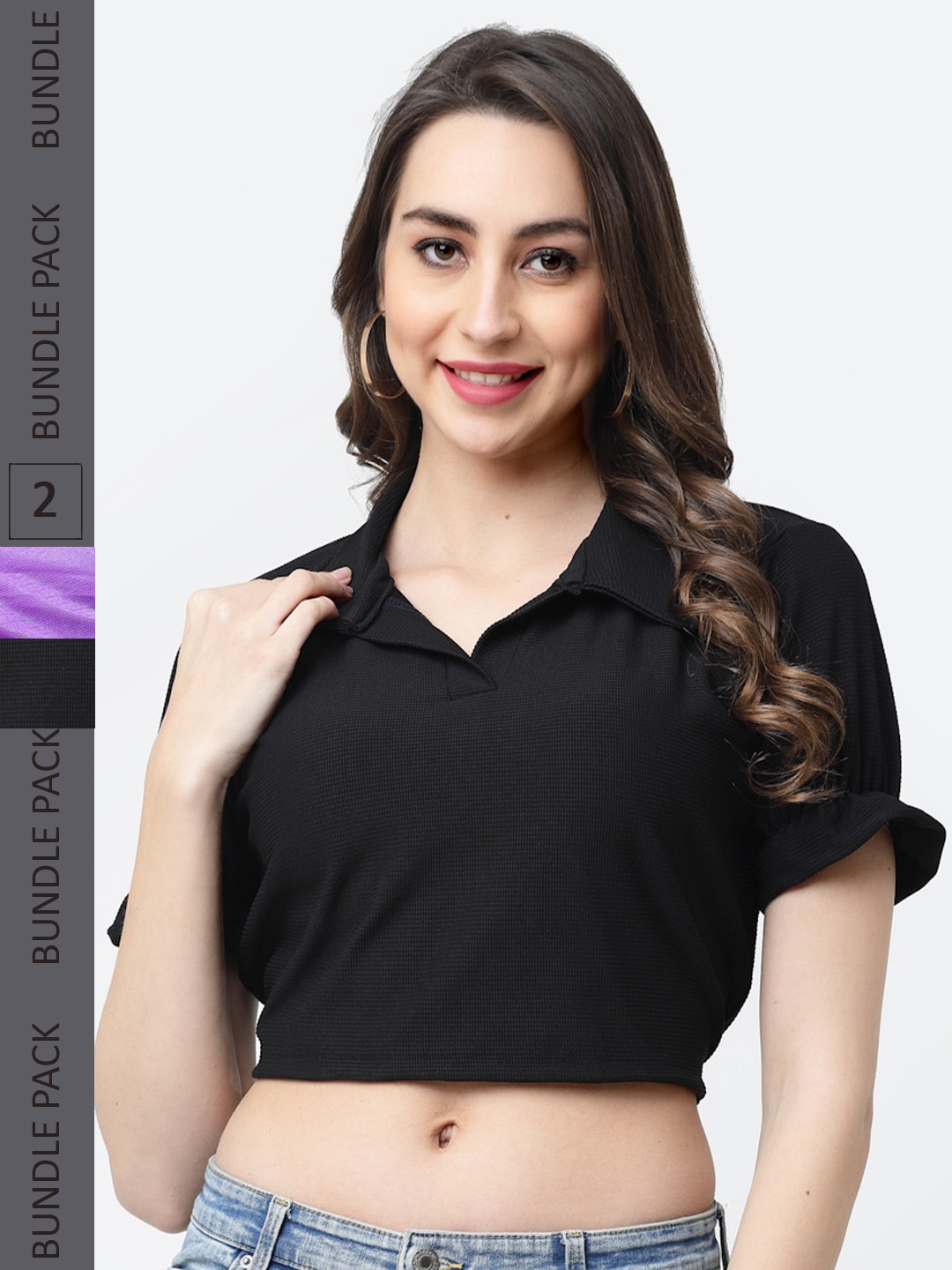 

MISS AYSE Pack of 2 Puff Sleeve Cotton Crop Top, Black