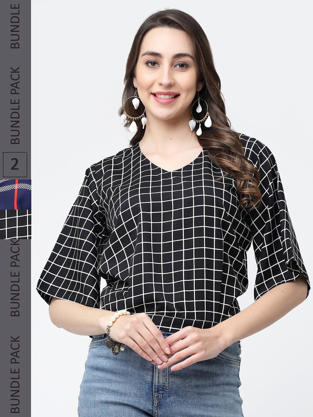 

MISS AYSE Pack of 2 Checked Crepe Top, Black