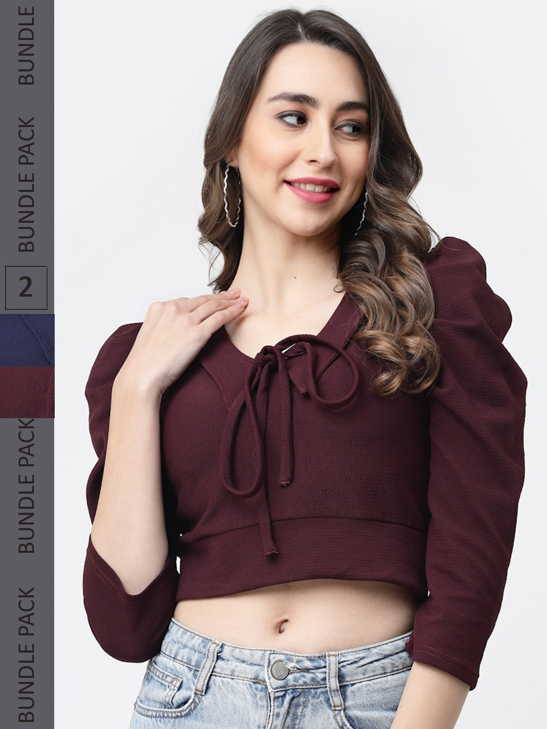 

MISS AYSE Pack of 2 Tie-Up Neck Crop Cotton Top, Maroon