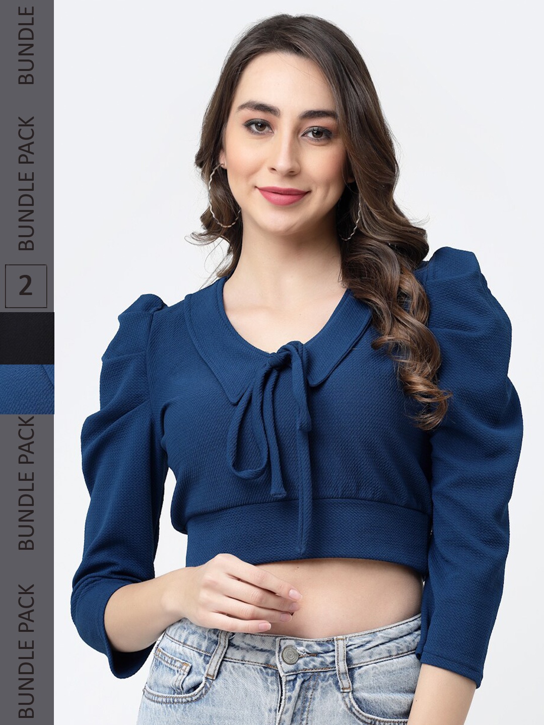 

MISS AYSE Pack of 2 Tie-Up Neck Crop Cotton Top, Blue