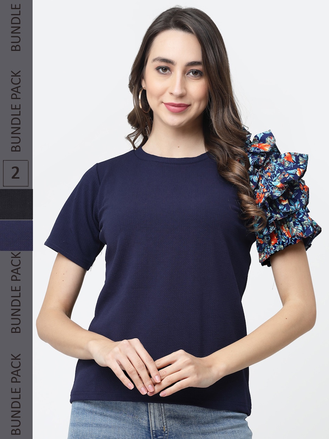 MISS AYSE Pack Of 2 Ruffles Cotton Top, Blue