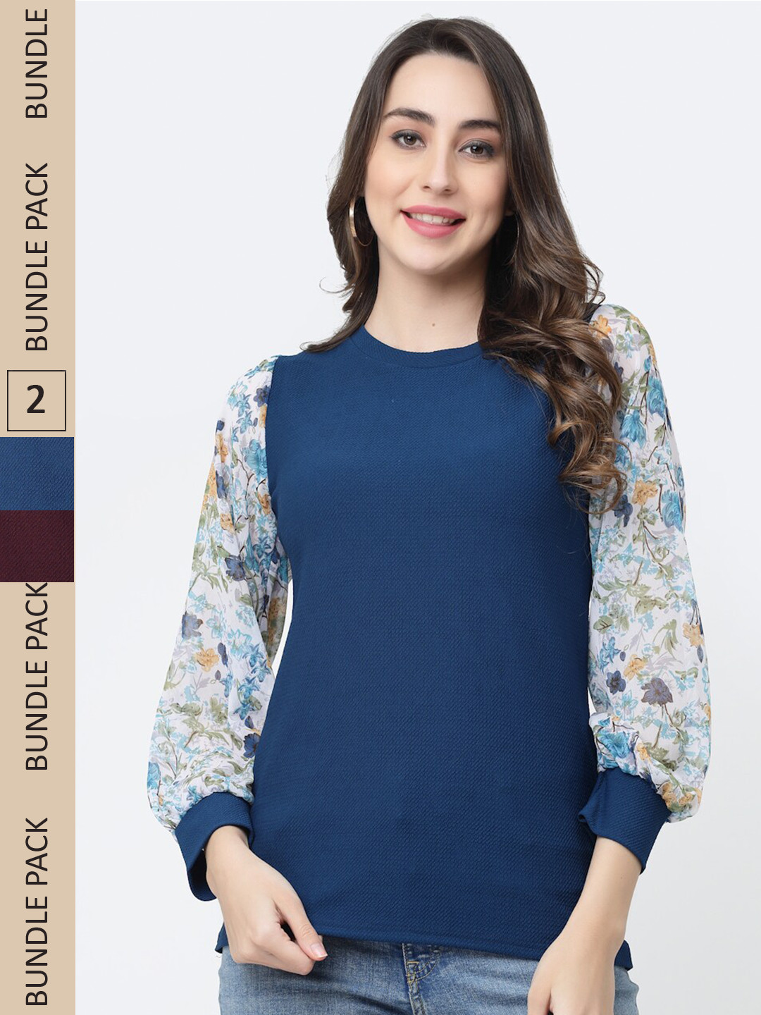 

MISS AYSE Pack of 2 Floral Print Cotton Top, Blue