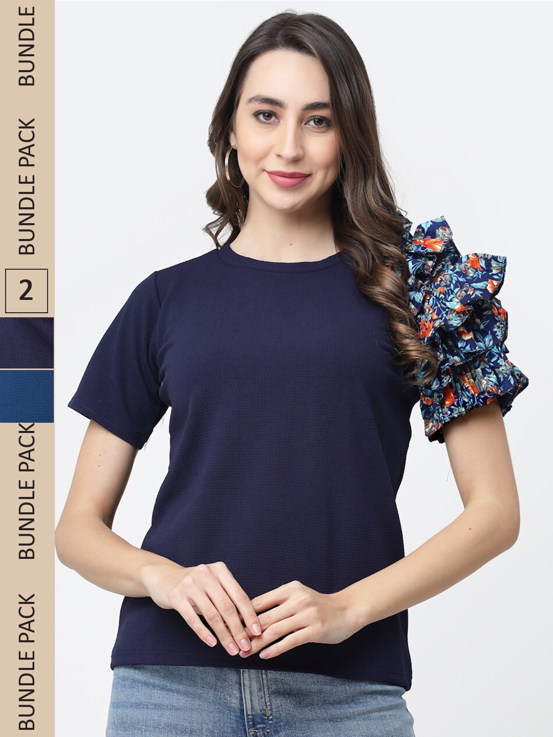 MISS AYSE Pack Of 2 Ruffles Cotton Top, Blue