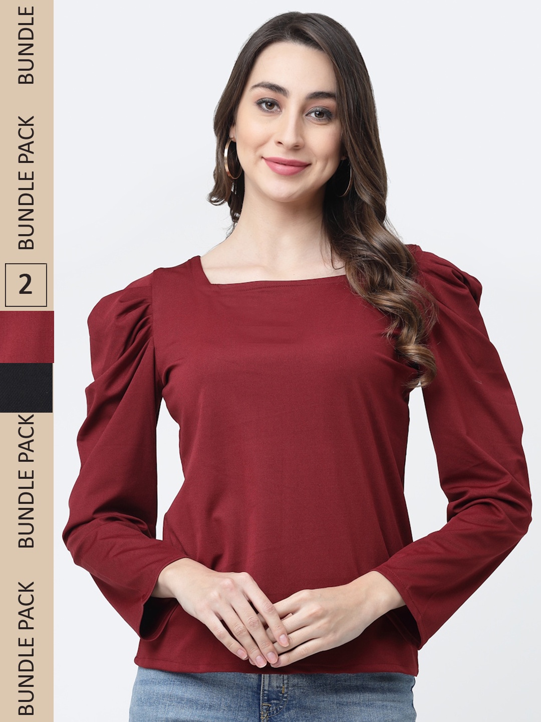 

MISS AYSE Pack Of 2 Square Neck Puff Sleeve Cotton Top, Maroon