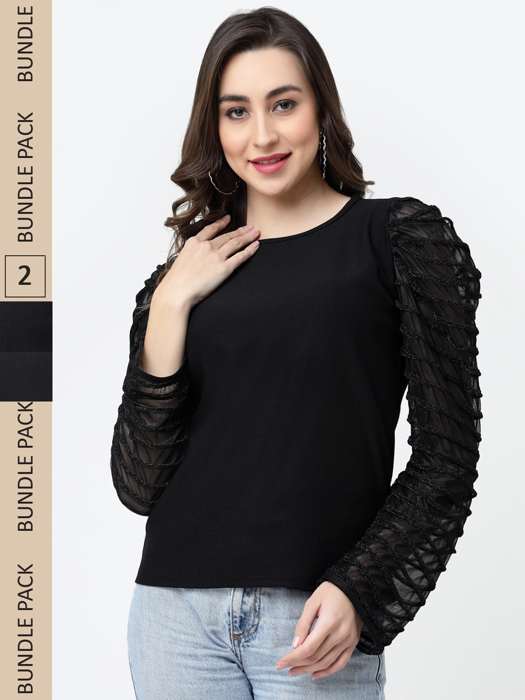 

MISS AYSE Pack Of 2 Long Sleeve Cotton Top, Black