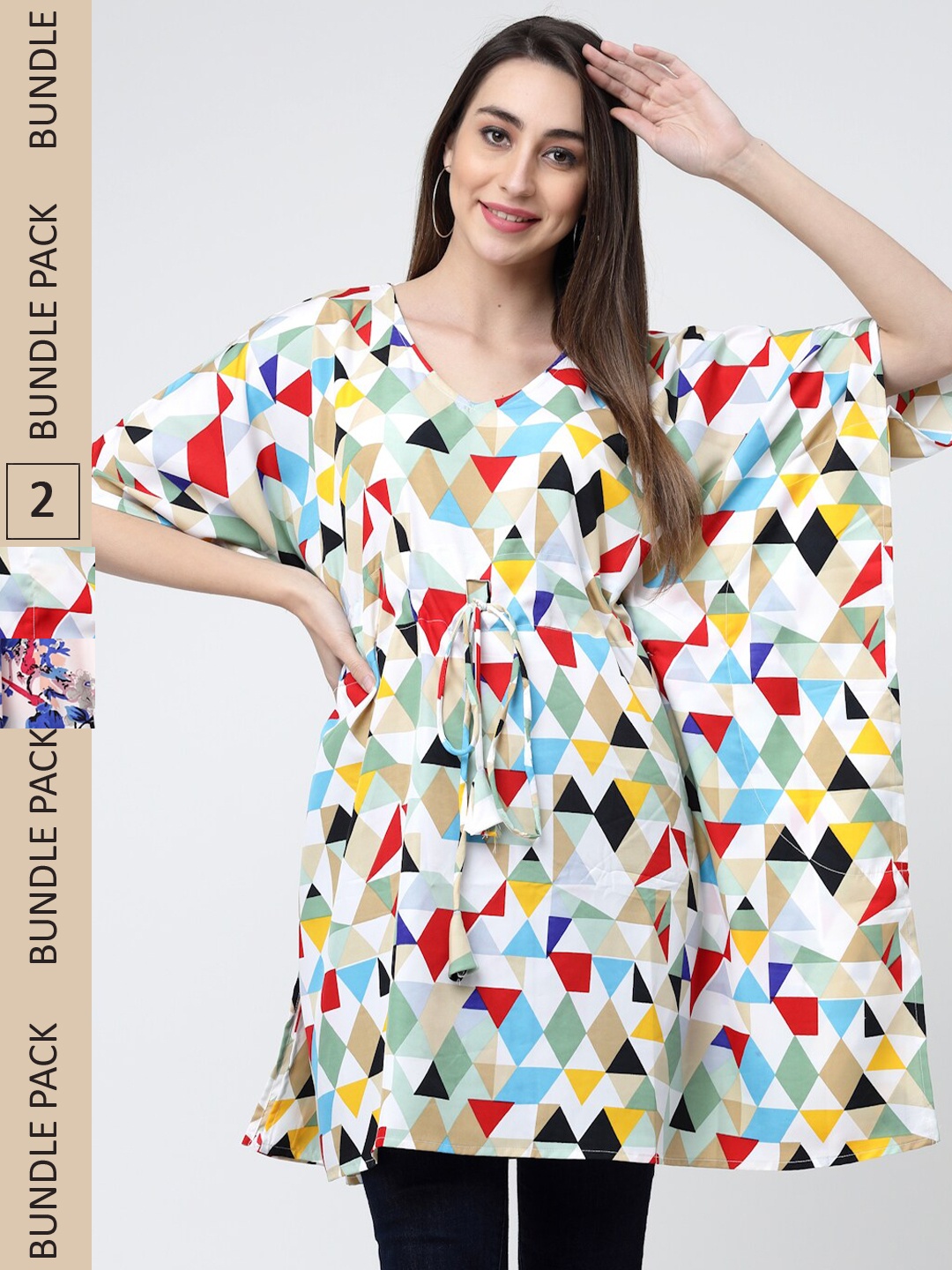 

MISS AYSE Pack of 2 Geometric Print Crepe Kaftan Top, White