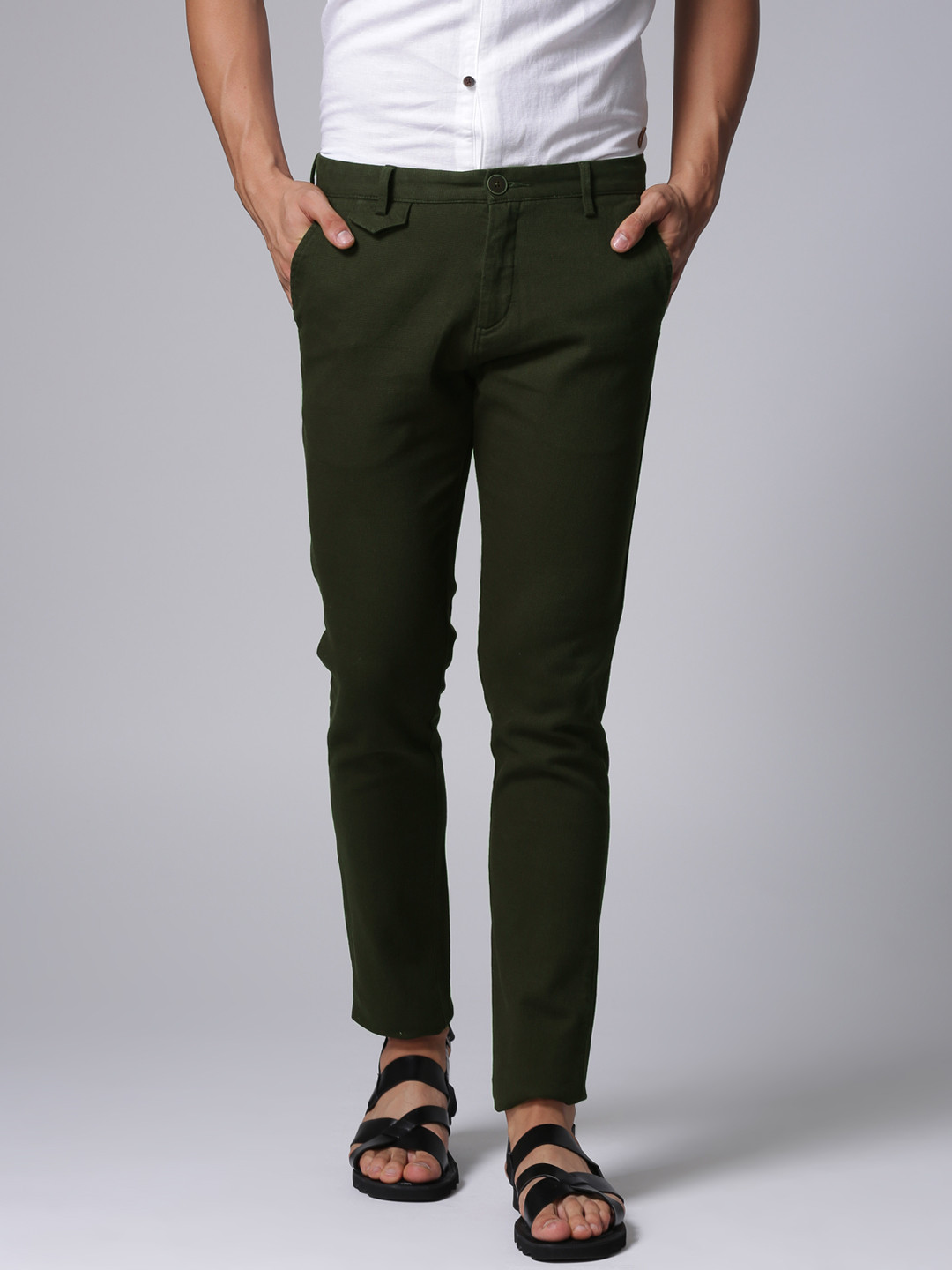

True Blue Men Olive Green Slim Fit Self Design Regular Trousers