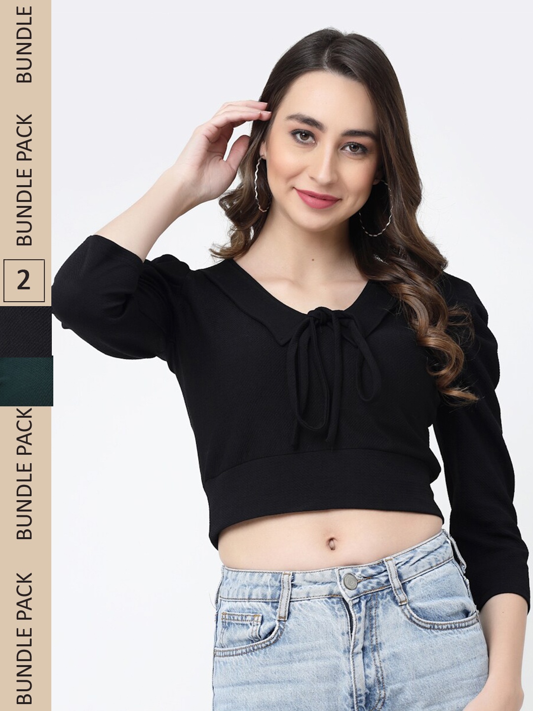 

MISS AYSE Pack of 2 Tie-Up Neck Crop Cotton Top, Black