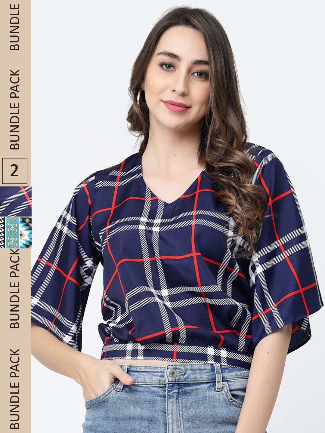 

MISS AYSE Pack of 2 Checked Crepe Crop Top, Blue