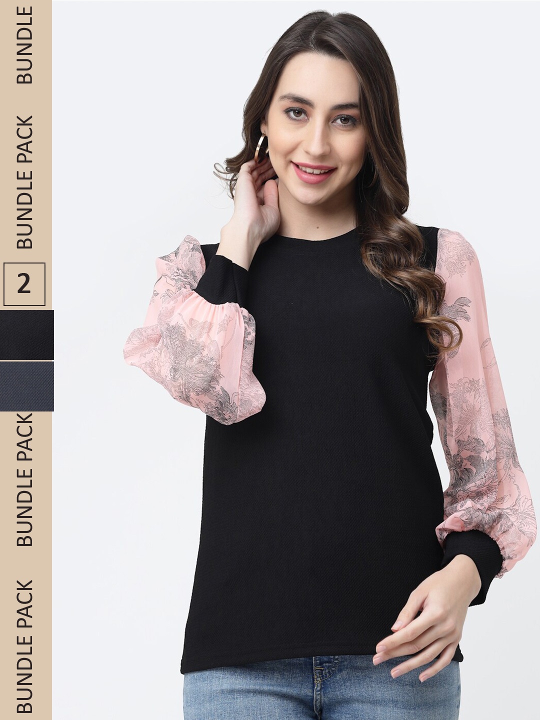 MISS AYSE Pack Of 2 Long Cuffed Sleeve Cotton Top, Black