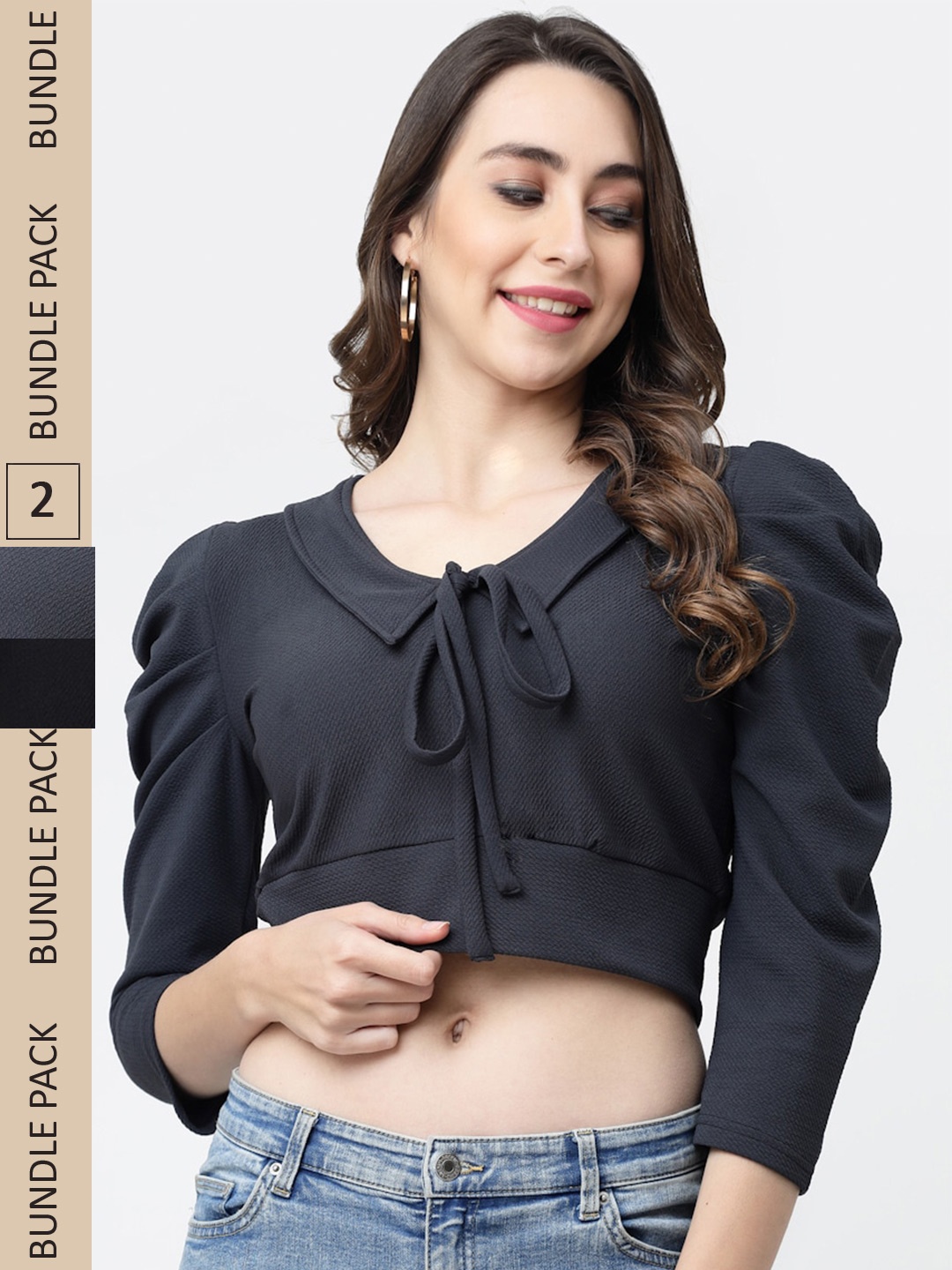 

MISS AYSE Pack of 2 Tie-Up Neck Crop Cotton Top, Grey