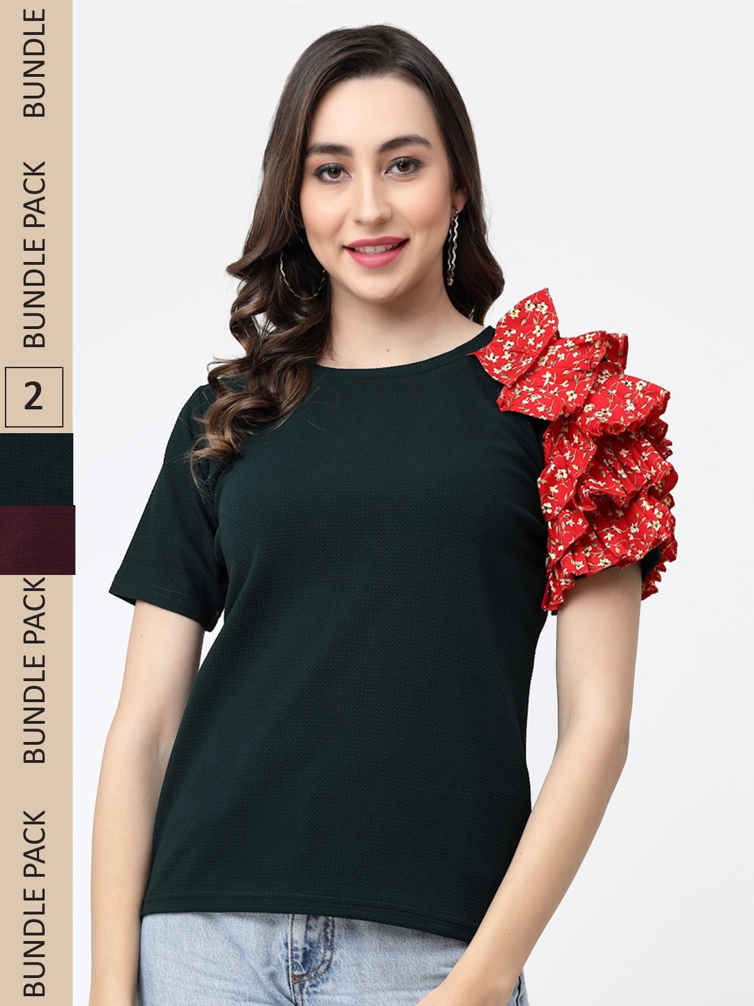 

MISS AYSE Pack Of 2 Flutter Sleeve Cotton Top, Maroon
