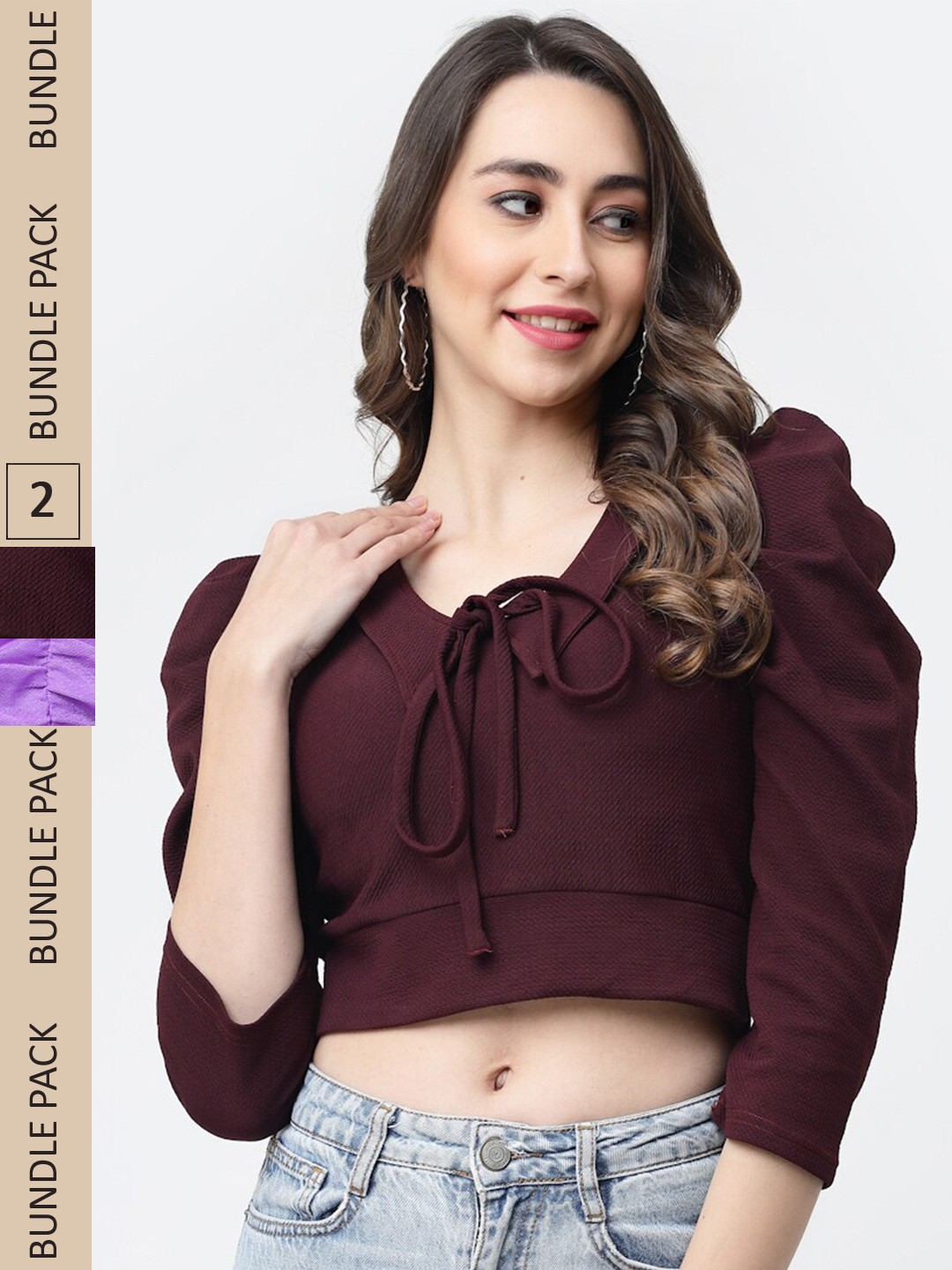 

MISS AYSE Pack Of 2 Tie-Up Neck Georgette Crop Top, Maroon