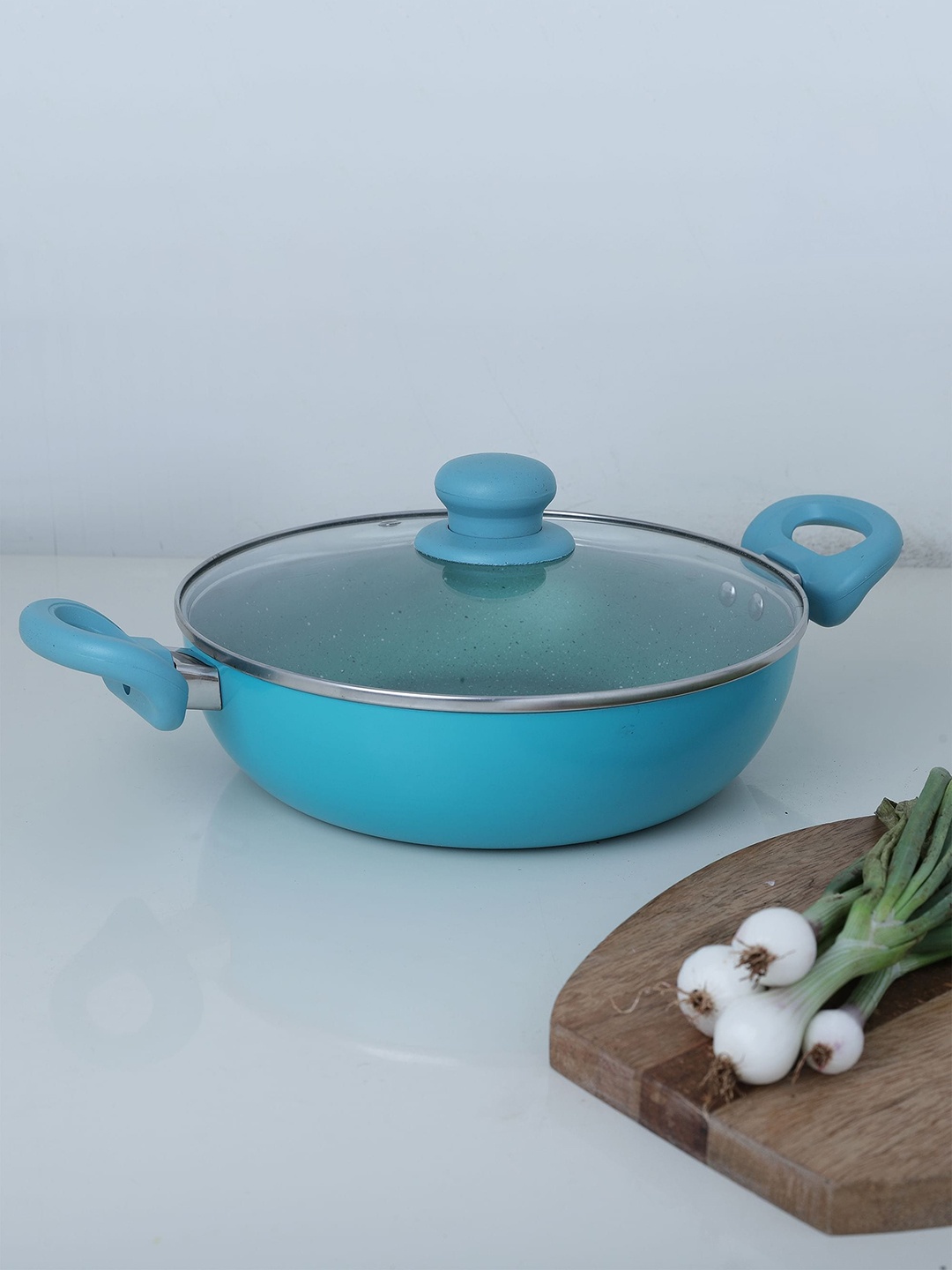 

HomeTown Supreme Teal Blue Aluminium Non Stick Kadai With Glass Lid-26 cm