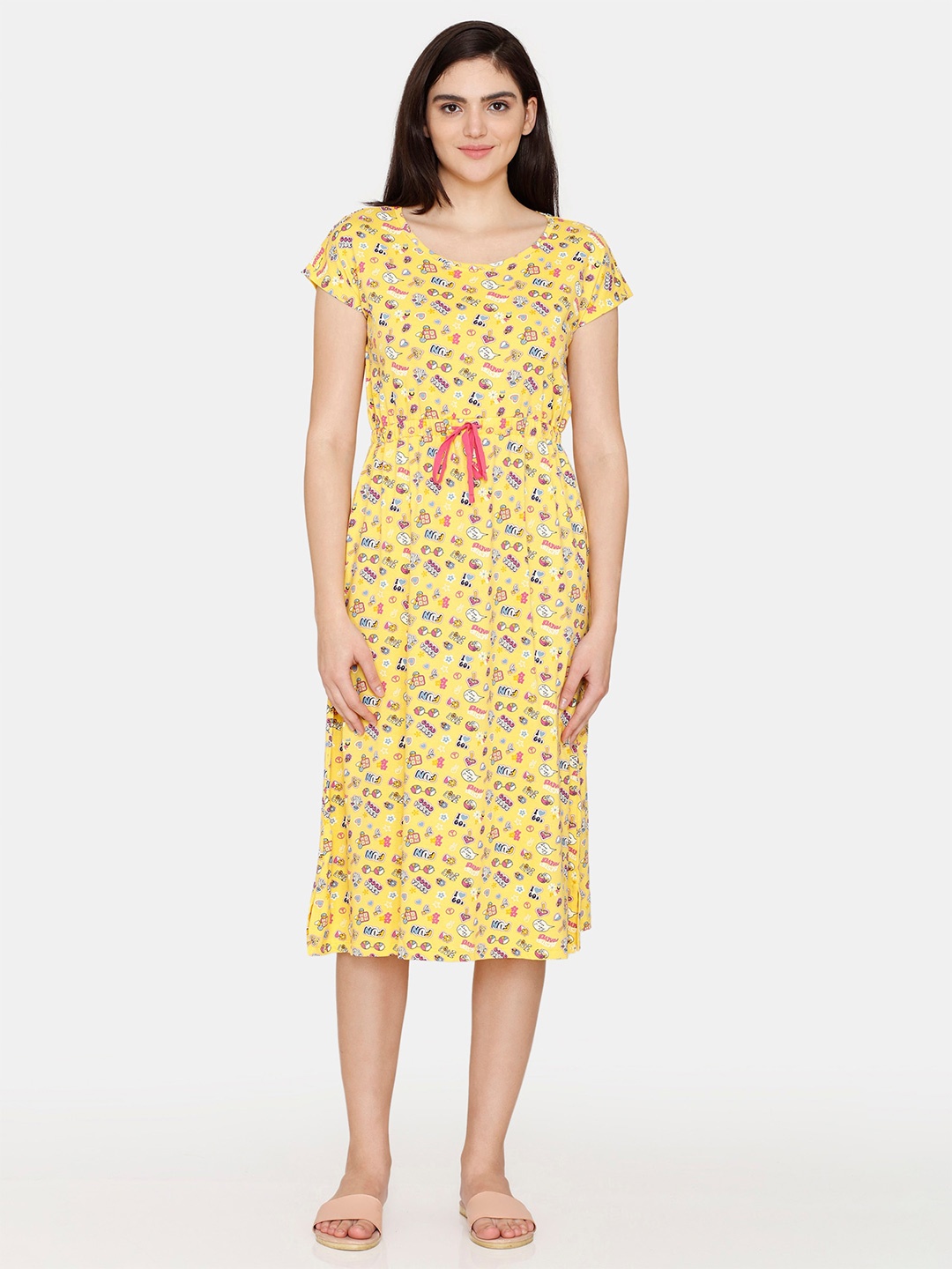 

Zivame Graphic Printed Pure Cotton T-shirt Nightdress, Yellow