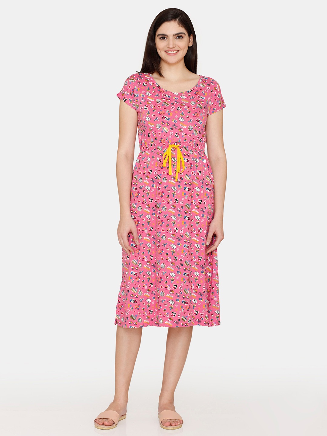 

Zivame Graphic Printed Pure Cotton T-shirt Nightdress, Pink