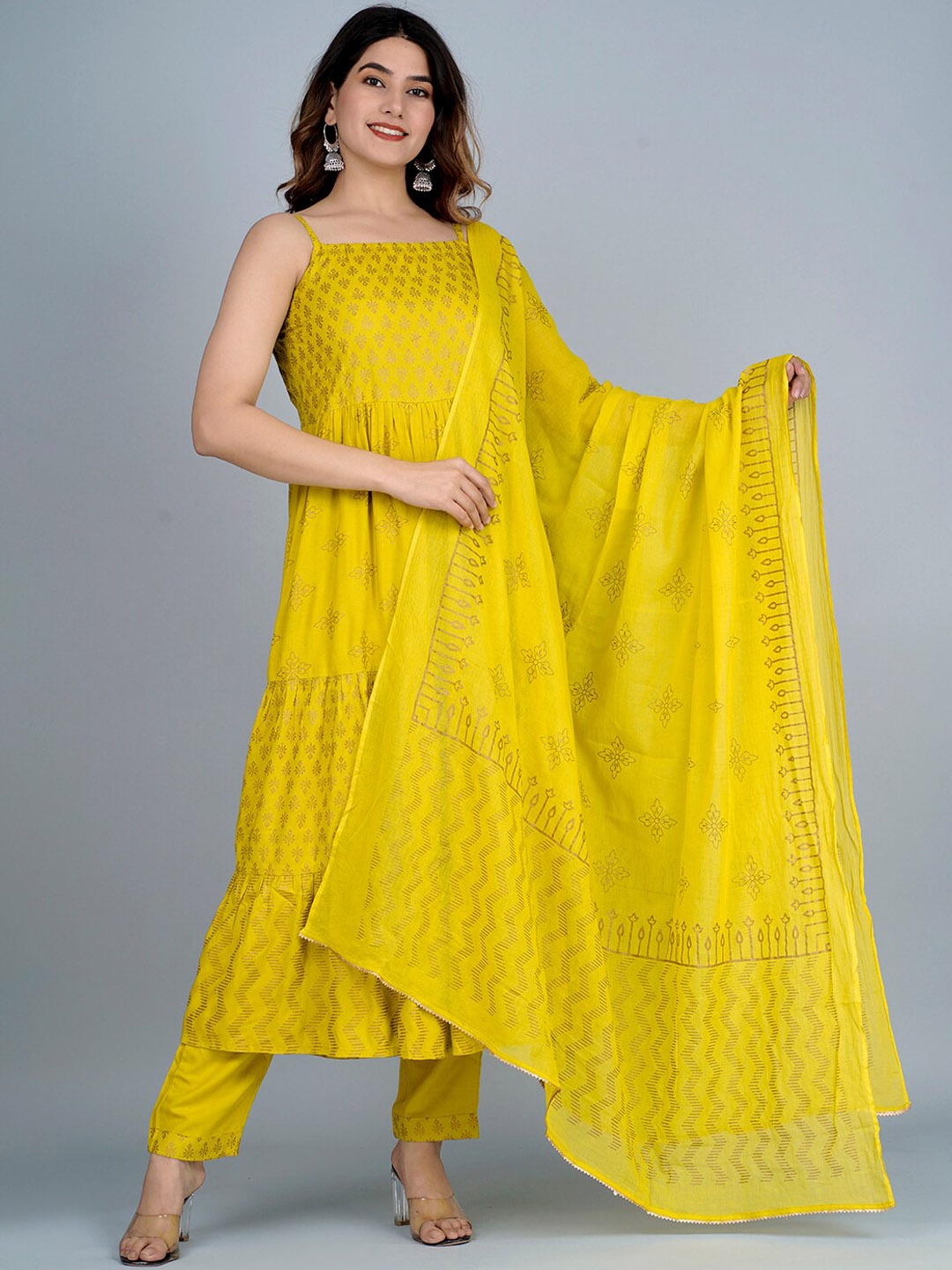 

ANAISA Women Ethnic Motifs Printed Empire Pure Cotton Kurta with Trousers & With Dupatta, Yellow