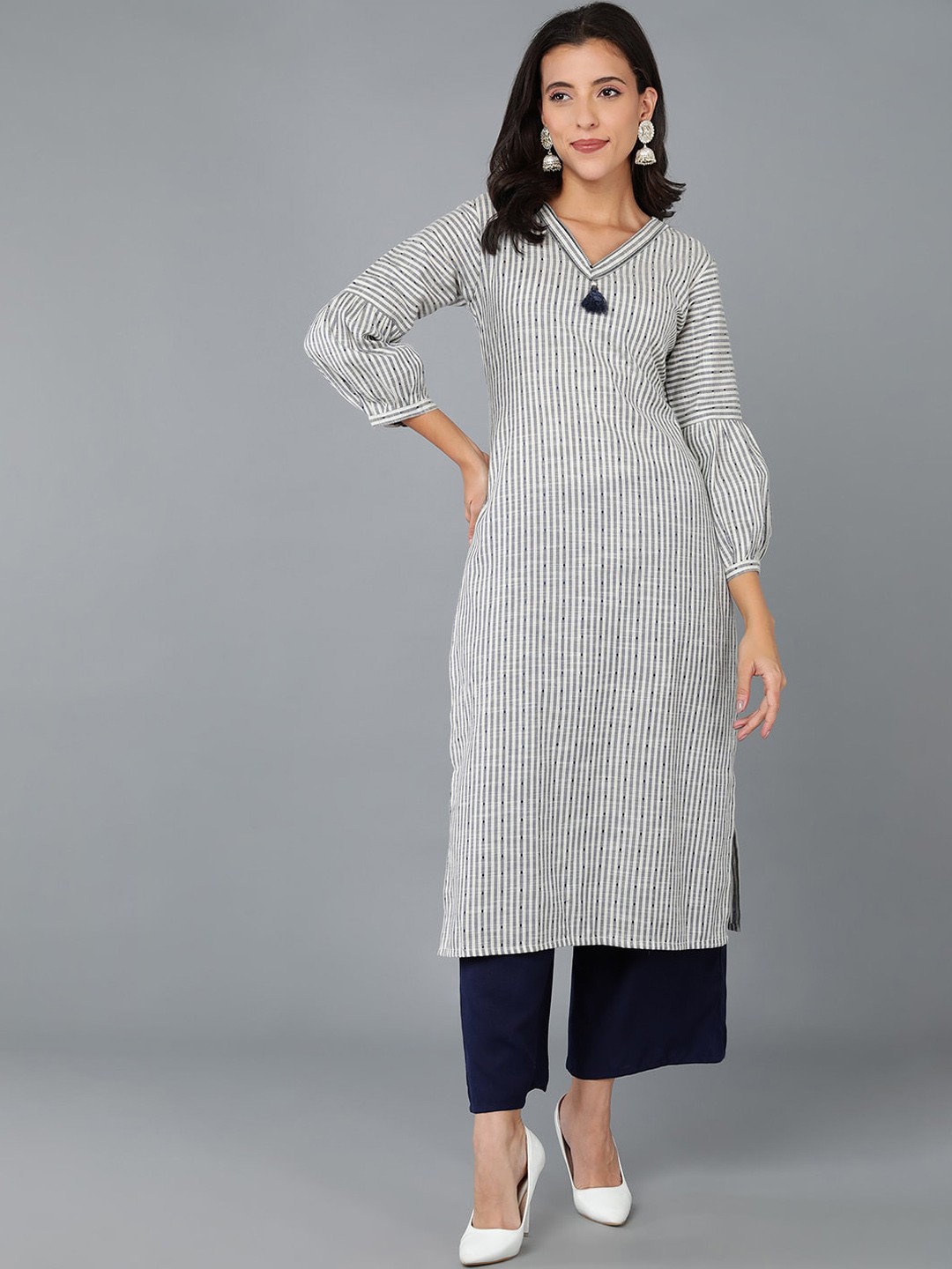

AHIKA Women V-Neck Striped Cotton Kurta, Grey