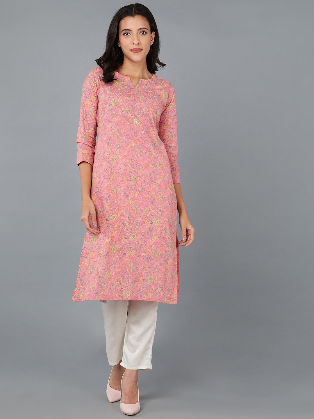 

AHIKA Women Ethnic Motifs Printed Notch Neck Cotton Kurta, Pink