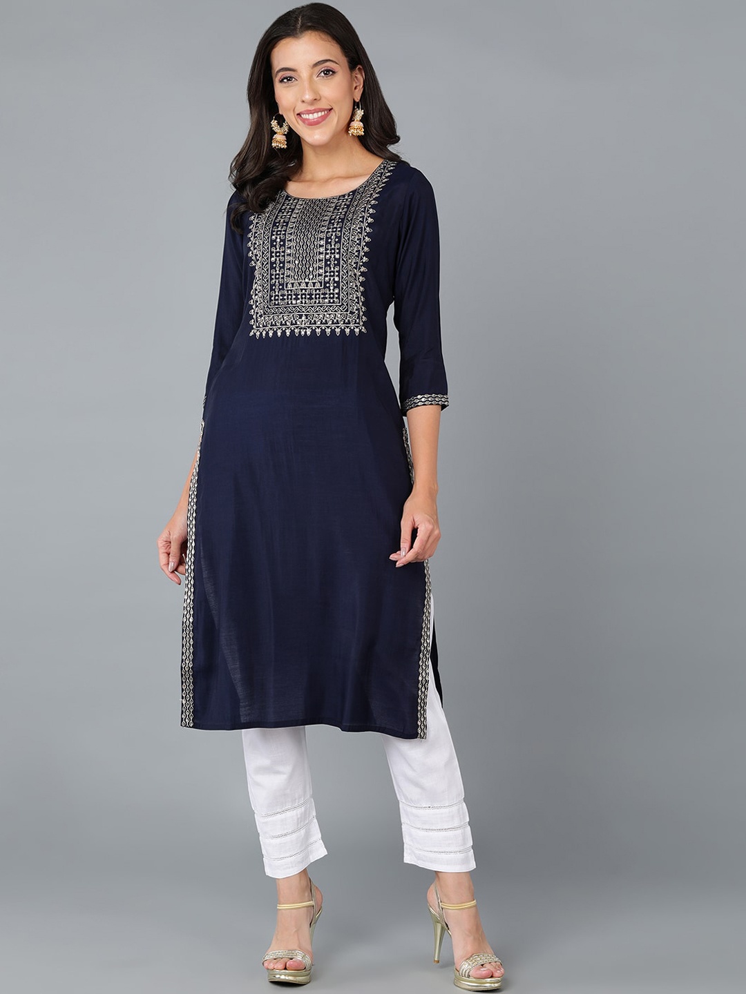 

AHIKA Women Yoke Design Thread Work Kurta, Navy blue