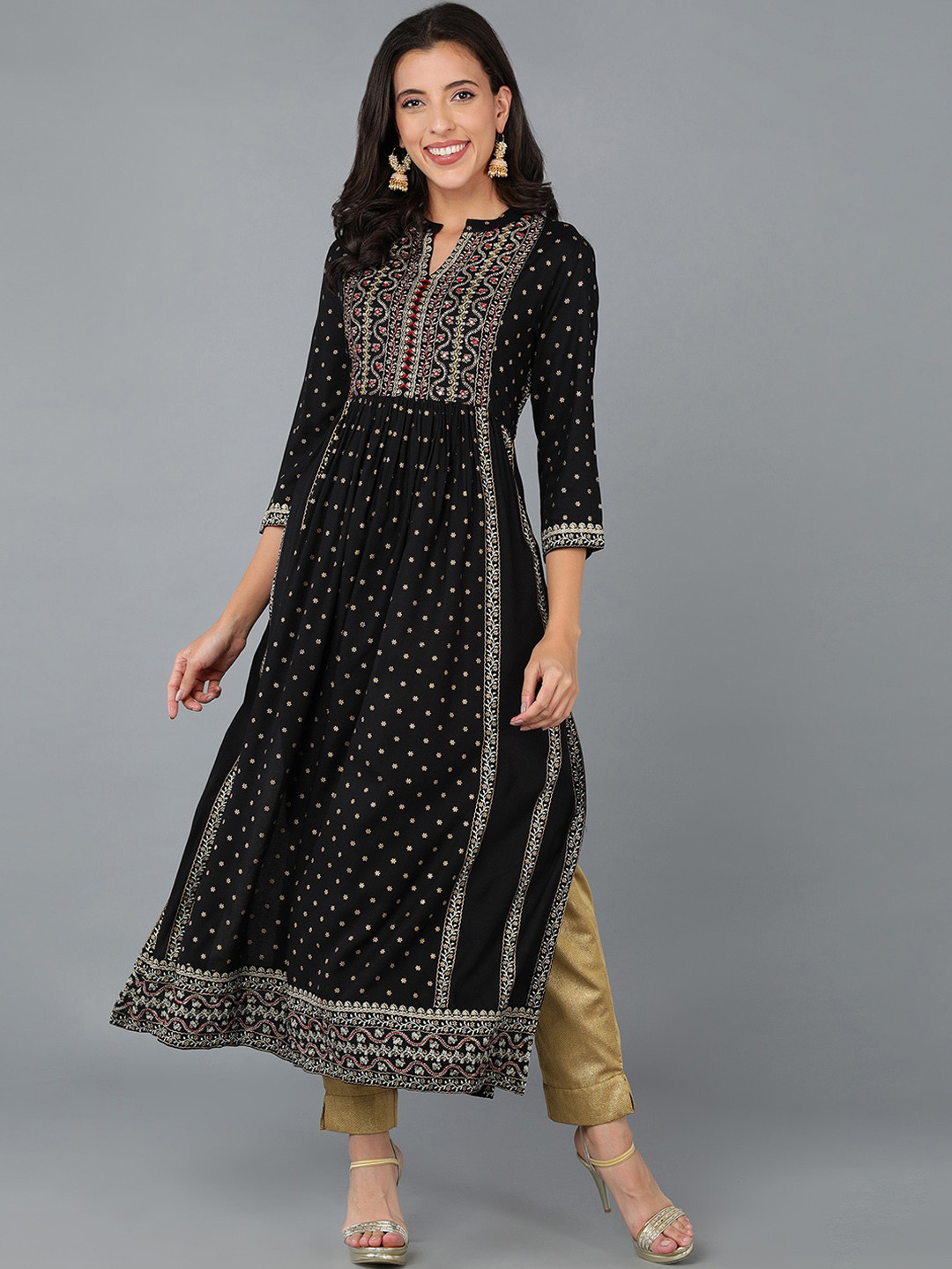 

AHIKA Women Floral Printed Anarkali Kurta, Black