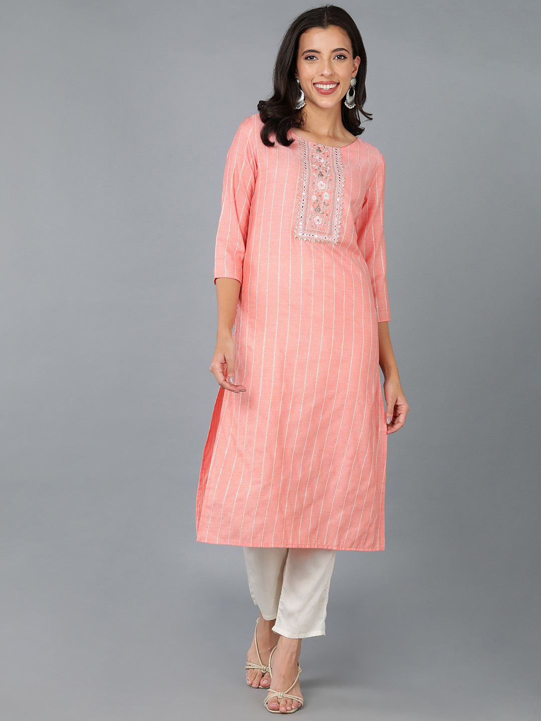 

AHIKA Women Striped Mirror Work Pastels Cotton Kurta, Peach